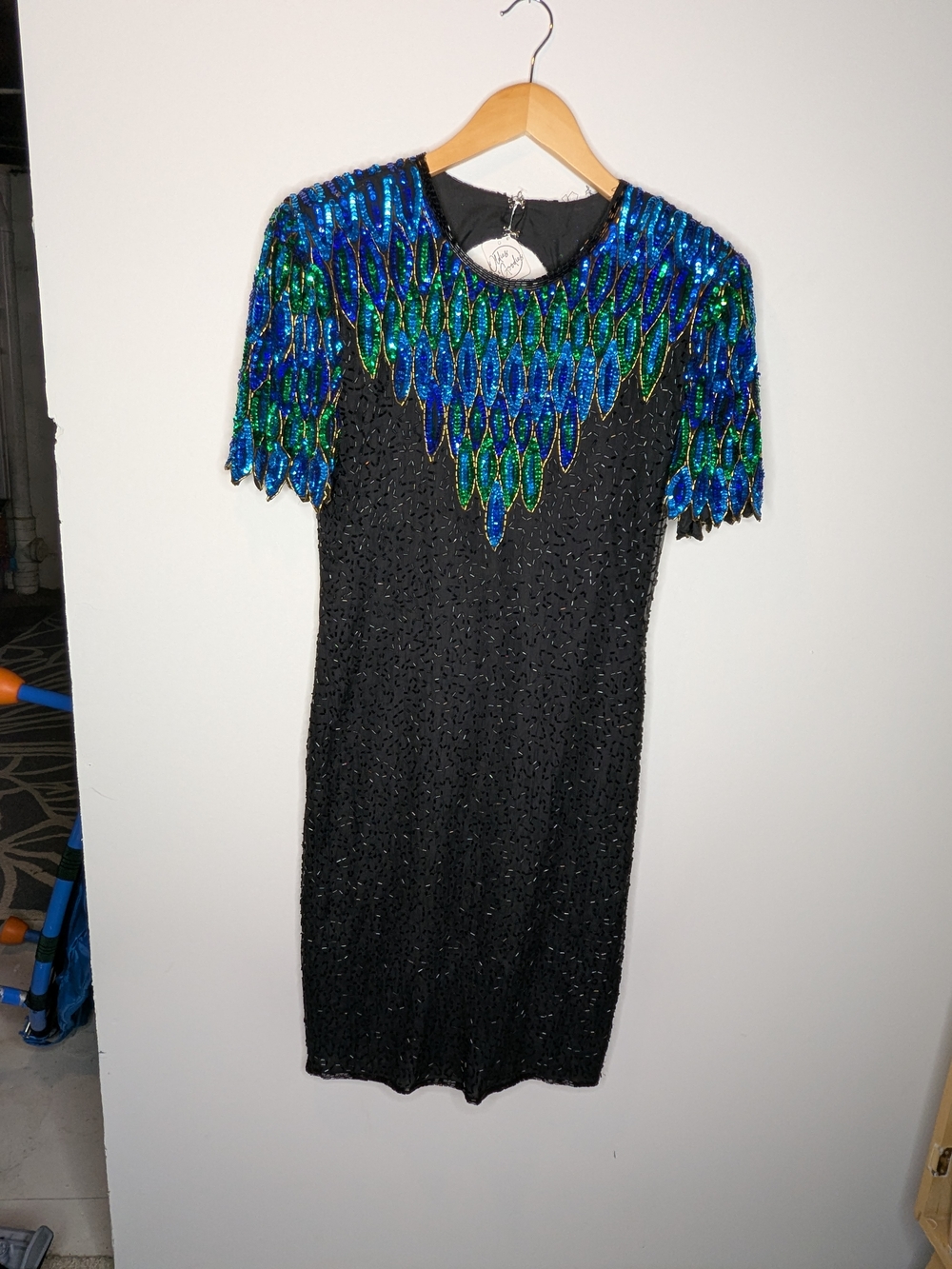 Vintage 80's Black Cocktail Dress with Blue-Green Sequin Shoulder Detail